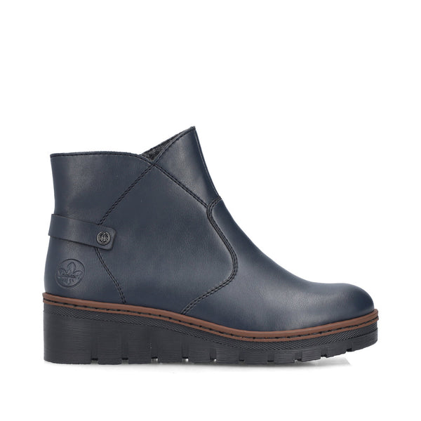 Navy blue ankle boot with brown sole on a white background rieker boots gormley shoes strabane