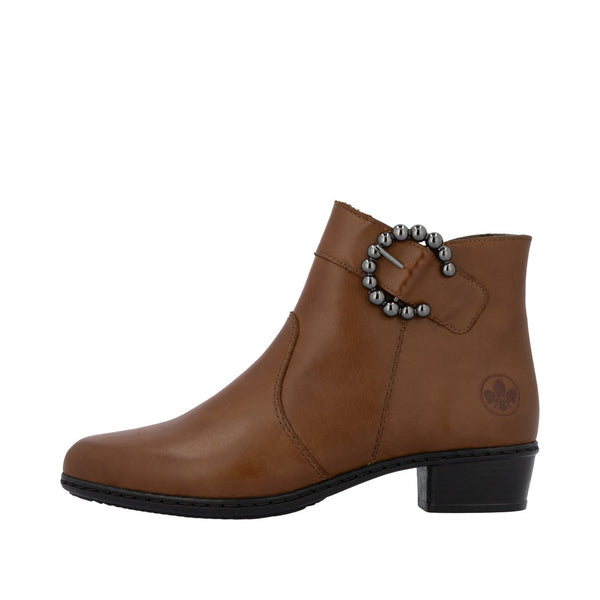 Brown ankle boot with decorative buckle on a white background, , rieker boot gormley shoes strabane