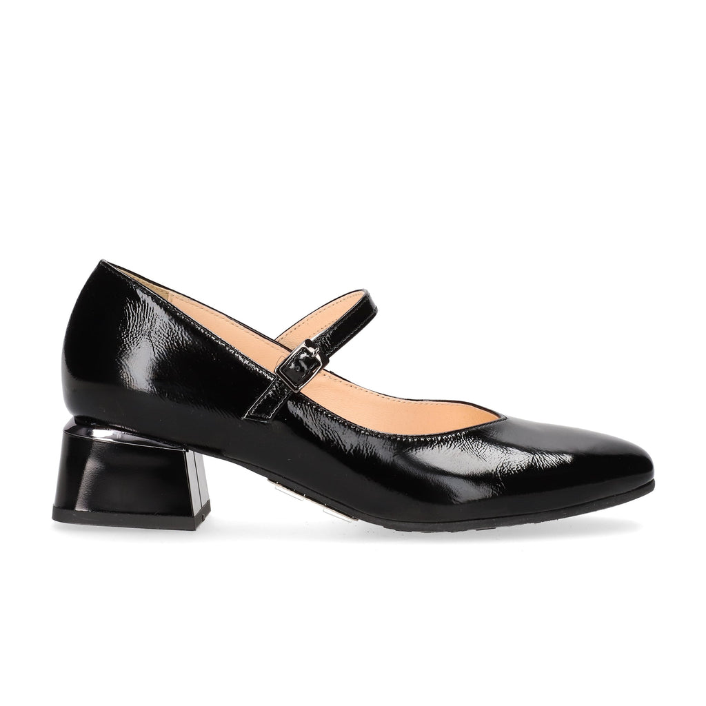 Black patent leather shoe with a block heel on a white background mary jane bioeco black patent leather shoes gormley shoes strabane