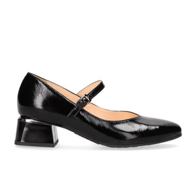 Black patent leather shoe with a block heel on a white background mary jane bioeco black patent leather shoes gormley shoes strabane
