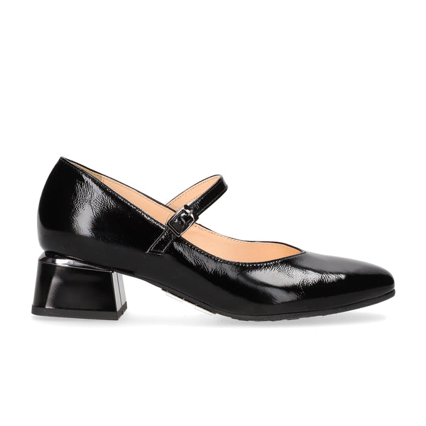 Black patent leather shoe with a block heel on a white background mary jane bioeco black patent leather shoes gormley shoes strabane