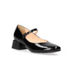 Black patent leather shoe with a block heel on a white background mary jane bioeco black patent leather shoes gormley shoes strabane