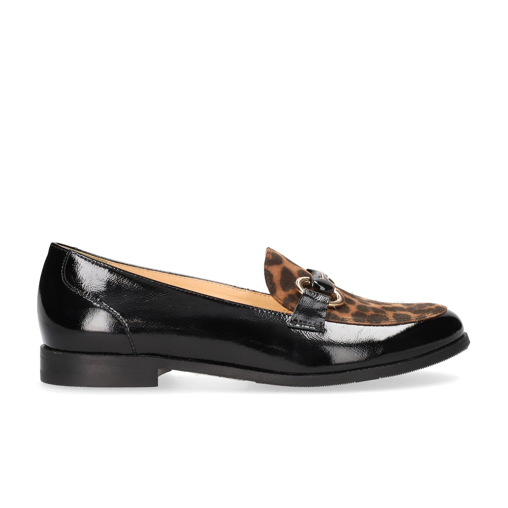 Black patent leather loafer with a patterned tassel on a white bioeco strabane shoes background
