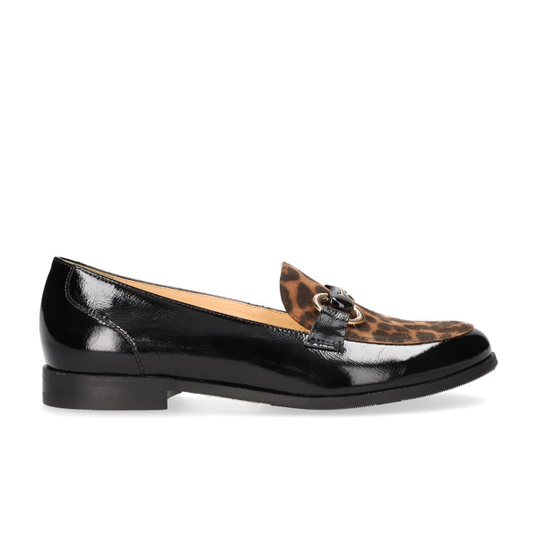 Black patent leather loafer with a patterned tassel on a white bioeco strabane shoes background