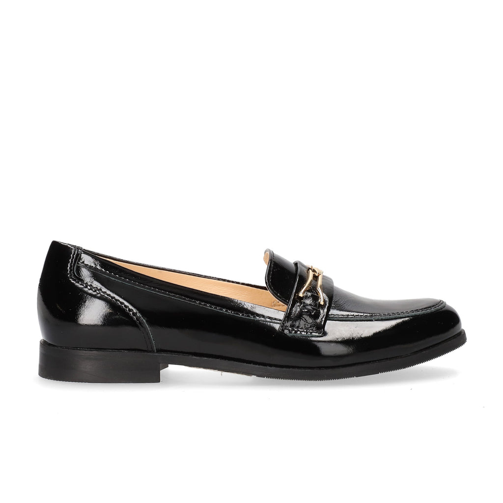 Black patent leather loafer with a decorative buckle on a white background bioeco shoes strabane