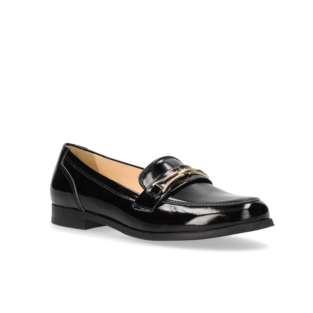 Black patent leather loafer on a white background bioeco shoes strabane