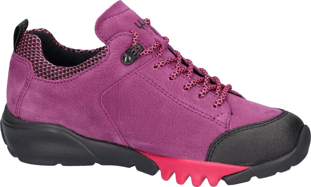 Purple sneaker with black and red sole on a white background waldlaufer H Fitting Gummi berry wider fit Gormleys strabane
