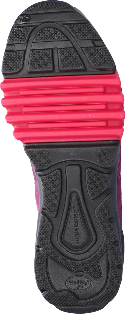 Purple sneaker with black and red sole on a white background waldlaufer H Fitting Gummi berry wider fit Gormleys strabane