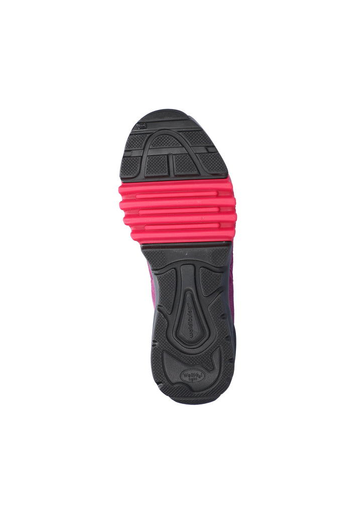 Purple sneaker with black and red sole on a white background waldlaufer H Fitting Gummi berry wider fit Gormleys strabane