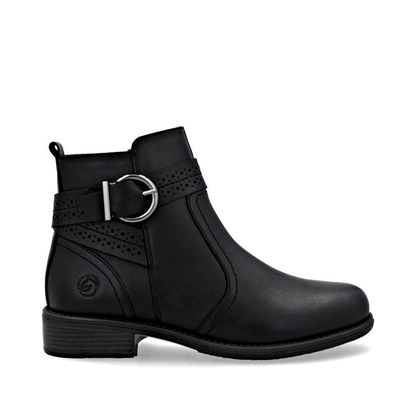 Black ankle boot with a silver buckle on a white background remonte gormley shoes strabane