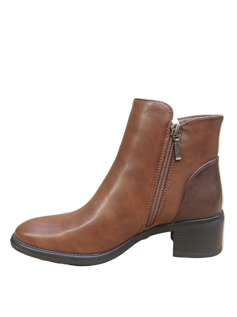 Brown leather ankle boot with a zipper on a white background