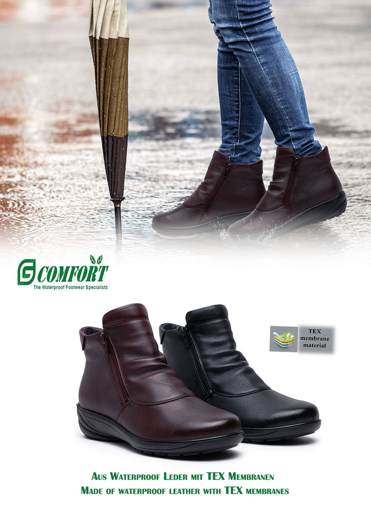 Maroon ankle boot with a zipper on a white background G-comfort P-9521R Gormley shoes strabane