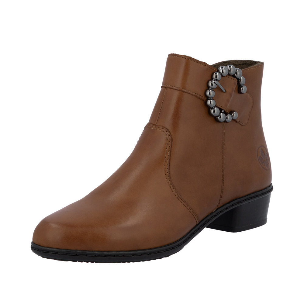 Brown ankle boot with decorative buckle on a white background, , rieker boot gormley shoes strabane