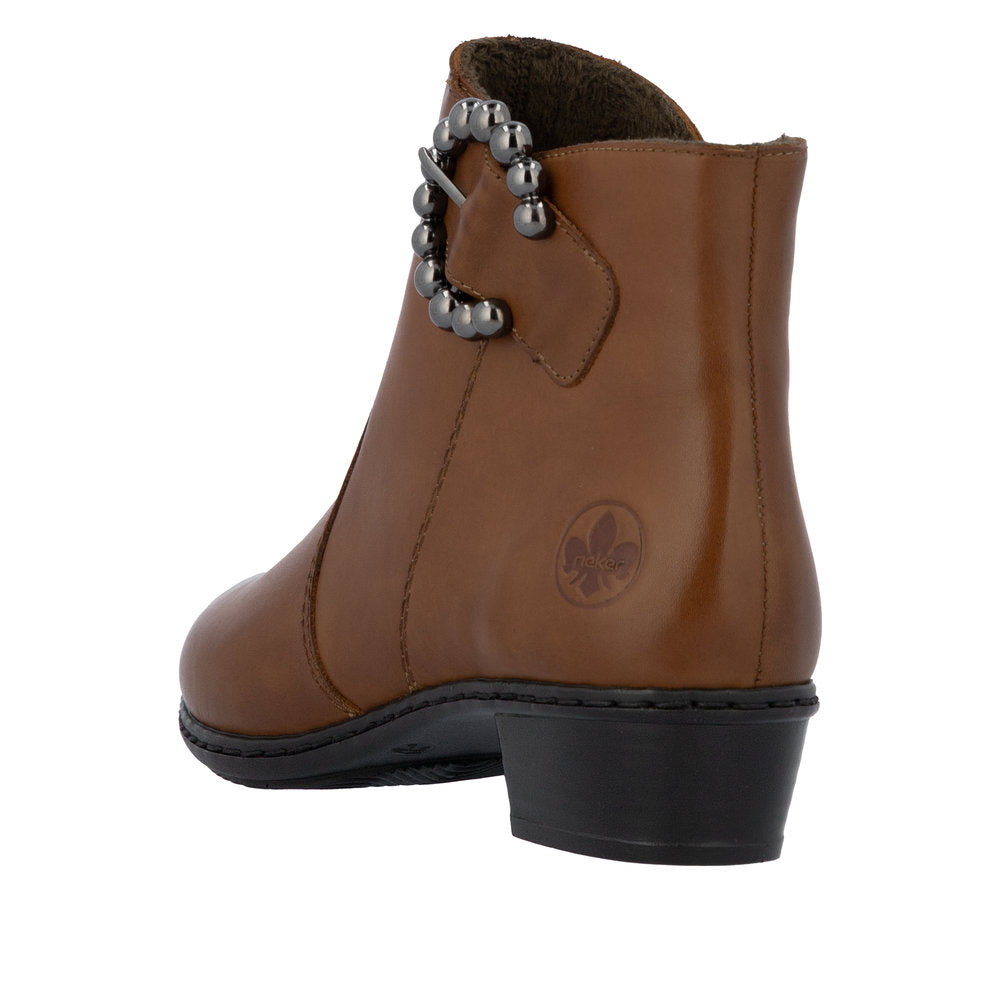 Brown ankle boot with decorative buckle on a white background, , rieker boot gormley shoes strabane