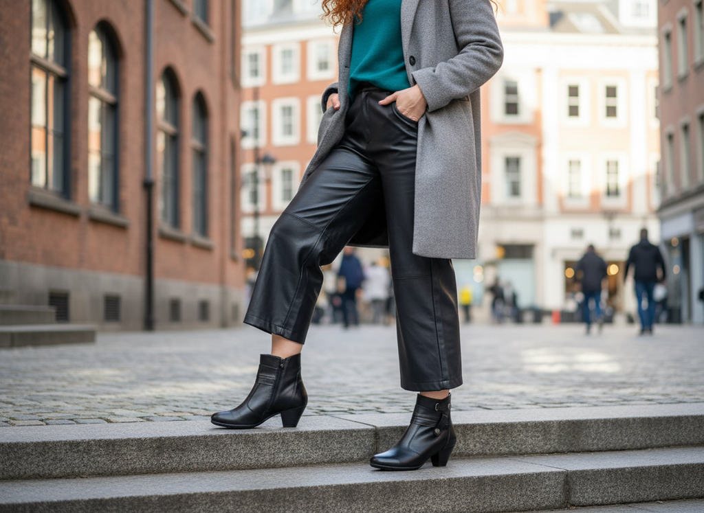 Person wearing a gray coat, teal shirt, black pants, and black boots on a city street.