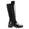 Black knee-high boots with a glossy finish on a white background lunar boots ladies Gormley shoes strabane