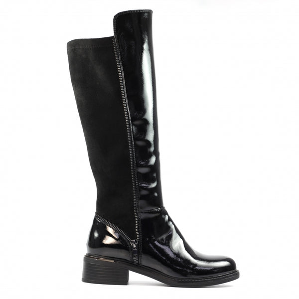 Black knee-high boots with a glossy finish on a white background lunar boots ladies Gormley shoes strabane