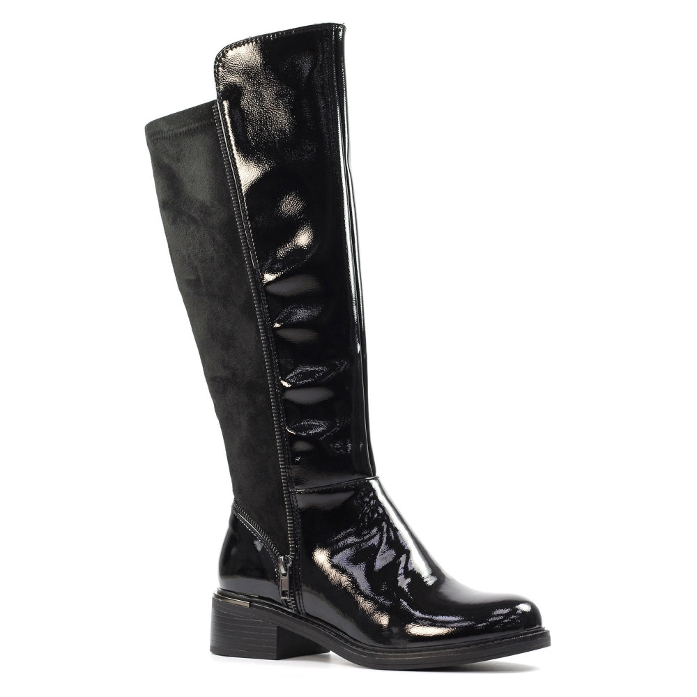 Black knee-high boots with a glossy finish on a white background lunar boots ladies Gormley shoes strabane