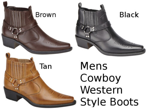 Mens Cowboy Boots Western Style Ankle Black Brown Tan Short Size 6,7,8,9,11,12 - 53 Main Street