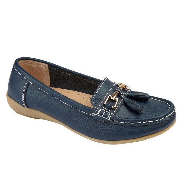 Ladies Leather Slip on Dark Blue Shoes Nautical Flat Jo & Joe